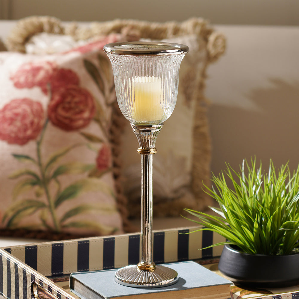 Clear Glass Ribbed Tall Candle Holder - Small