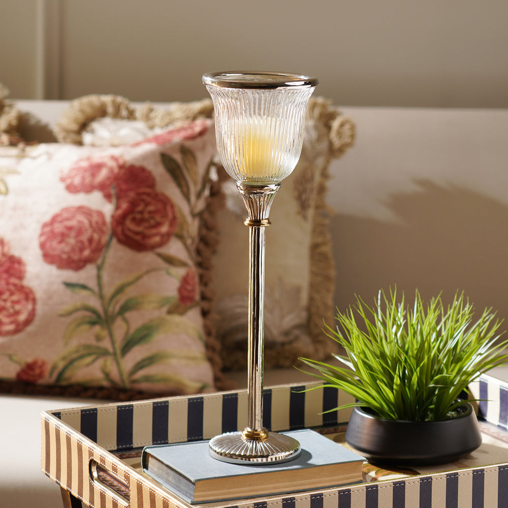 Clear Glass Ribbed Tall Candle Holder - Large