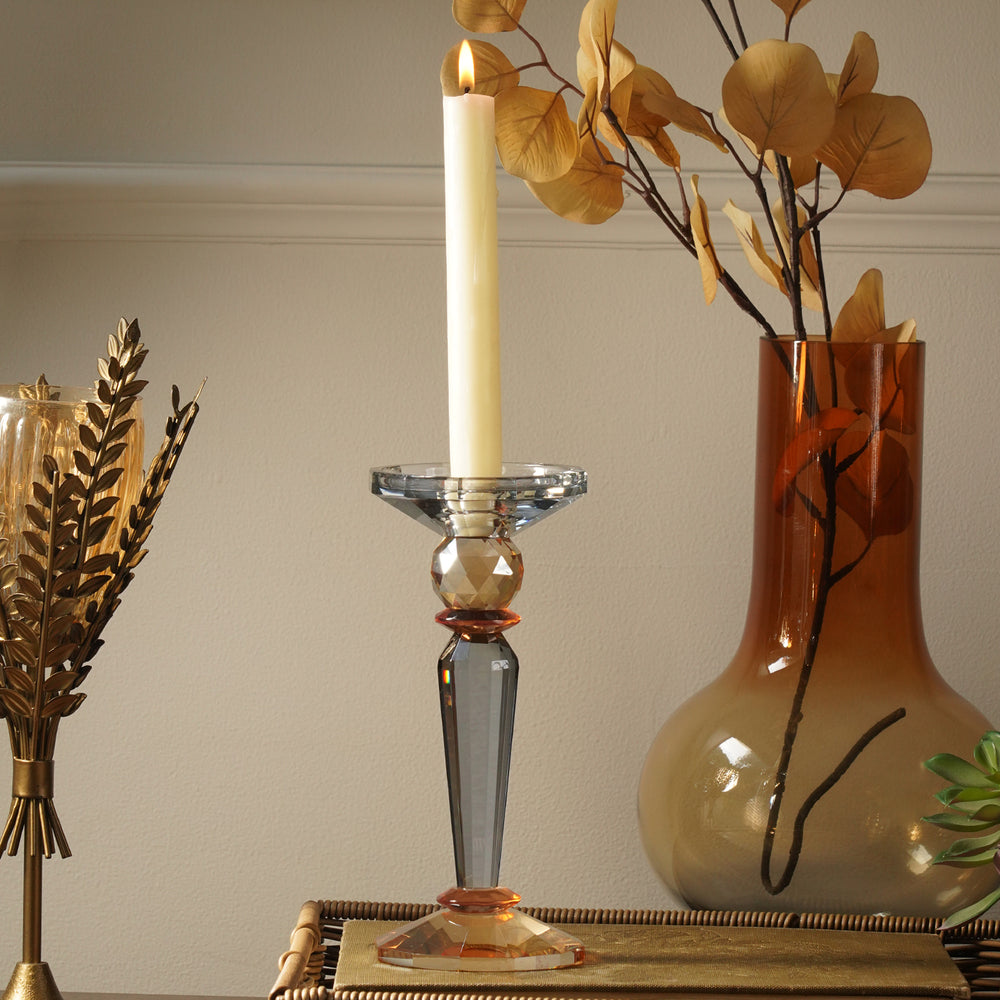Grey & Amber Glass Crystal Candle Holder
