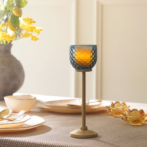 Teal Diamond Texture Candle Holder with Stand - Large