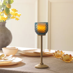 Teal Diamond Texture Candle Holder with Stand - Large