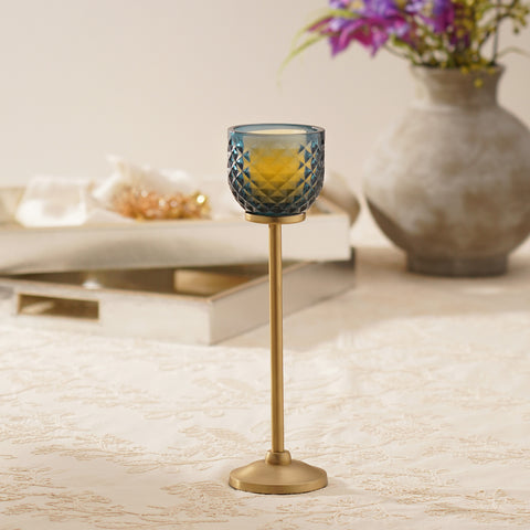 Teal Diamond Texture Candle Holder with Stand - Large