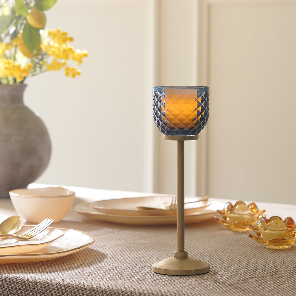 Blue Diamond Texture Candle Holder with Stand - Small