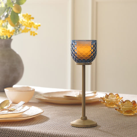 Blue Diamond Texture Candle Holder with Stand - Small
