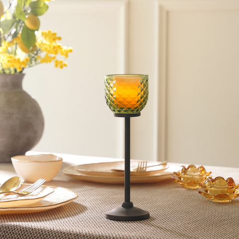Light Green Diamond Texture Candle Holder with Stand - Small