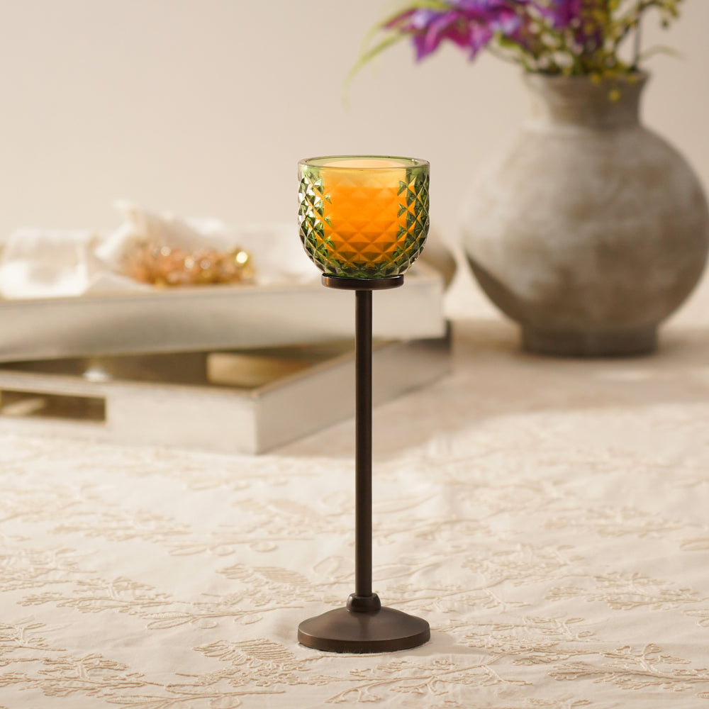 Light Green Diamond Texture Candle Holder with Stand - Large