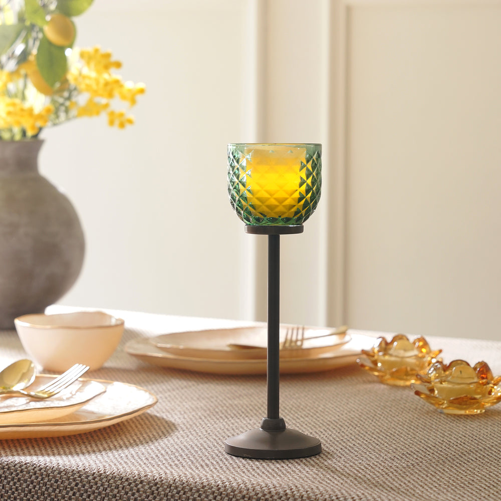 Green Diamond Texture Candle Holder with Stand - Small
