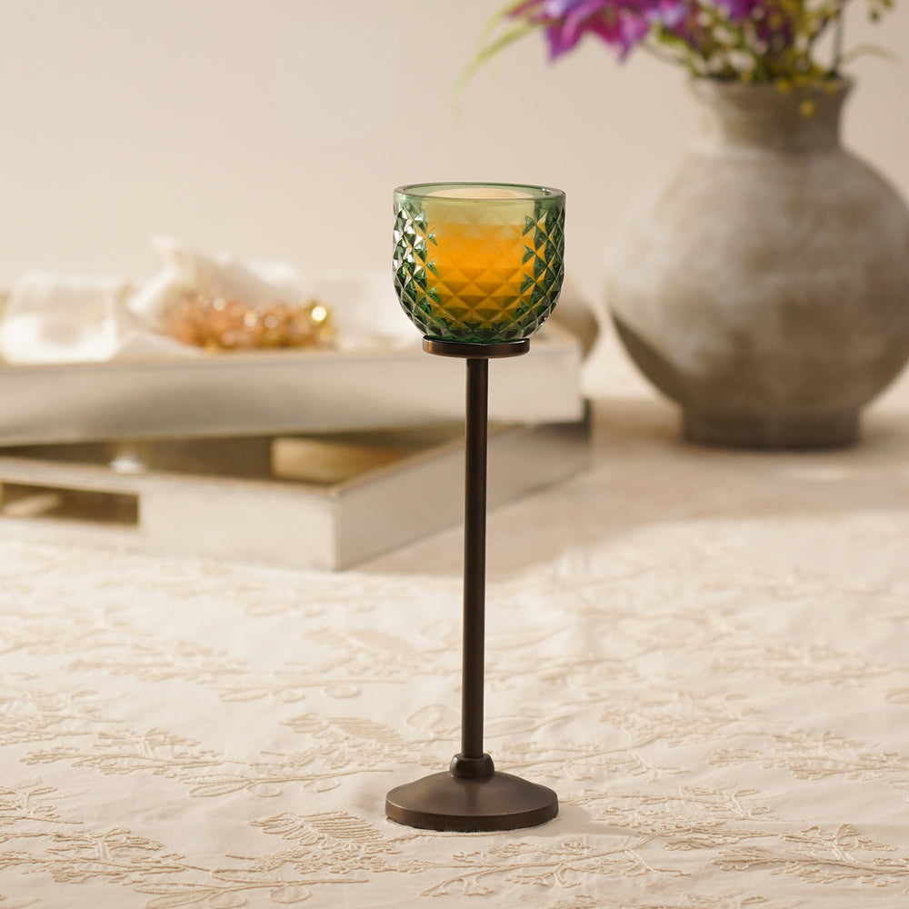 Green Diamond Texture Candle Holder with Stand - Large