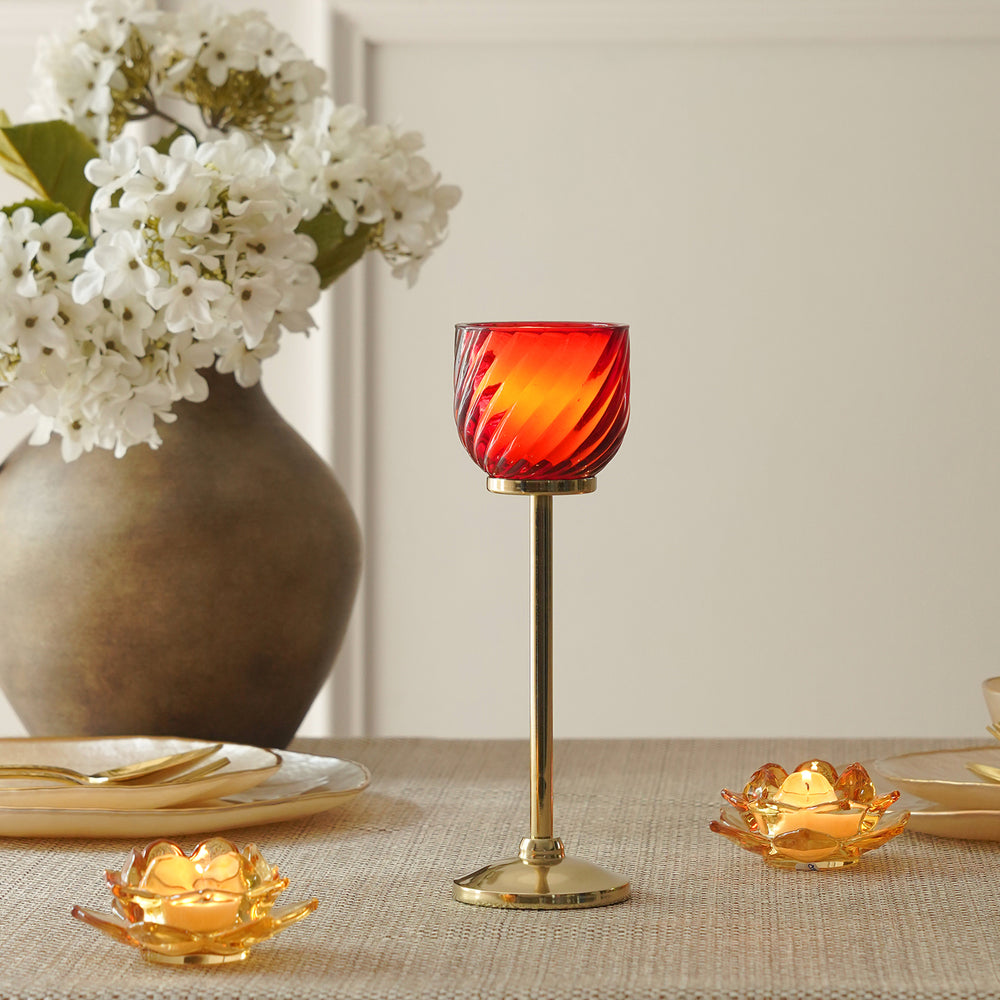 Red Swirl Texture Candle Holder with Stand - Small