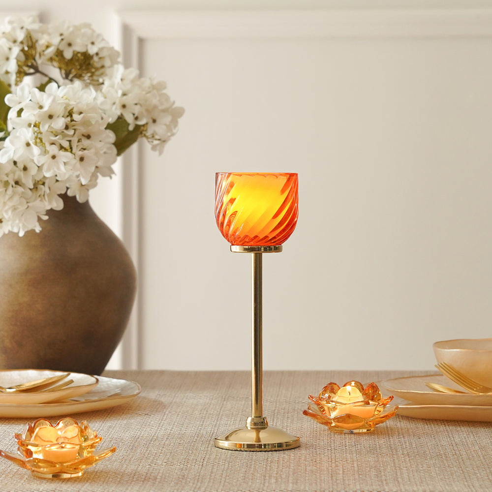 Orange Swirl Texture Candle Holder with Stand - Small