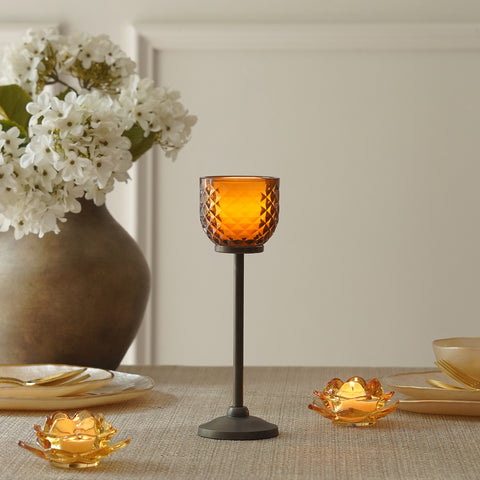 Dark Amber Diamond Texture Candle Holder with Stand - Small