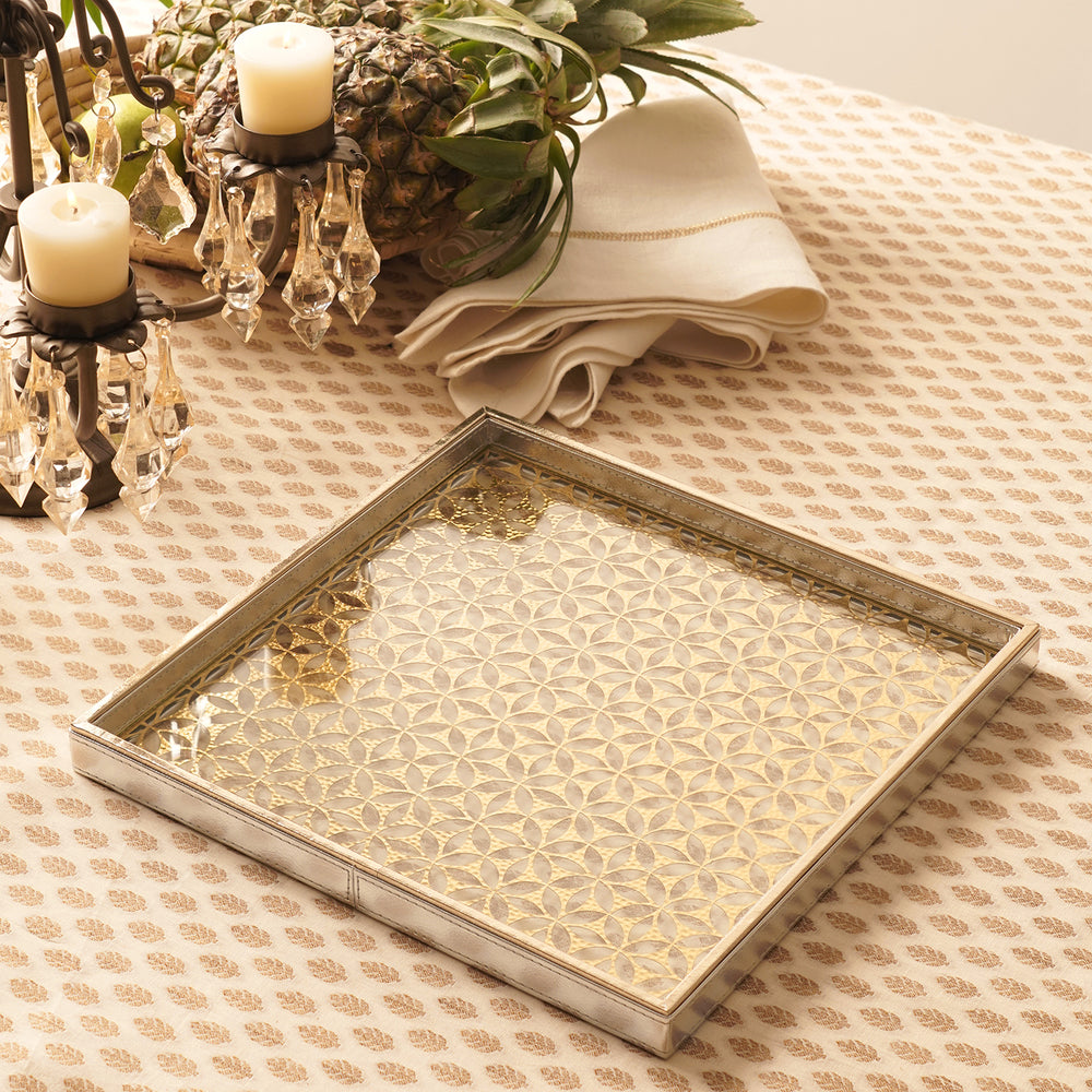 Gold & Silver Lazer Cut Faux Leather Square Platter - Large