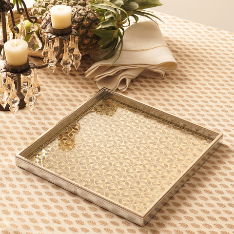 Gold & Silver Lazer Cut Faux Leather Square Platter - Large
