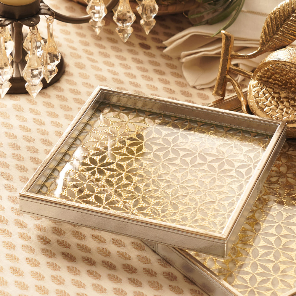 Gold & Silver Lazer Cut Faux Leather Square Platter - Small