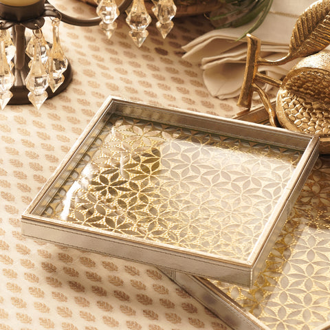 Gold & Silver Lazer Cut Faux Leather Square Platter - Small