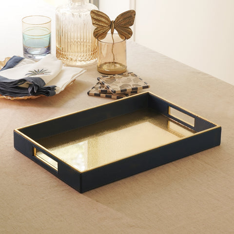 Navy & Gold Hammered Faux Leather Square Tray - Large