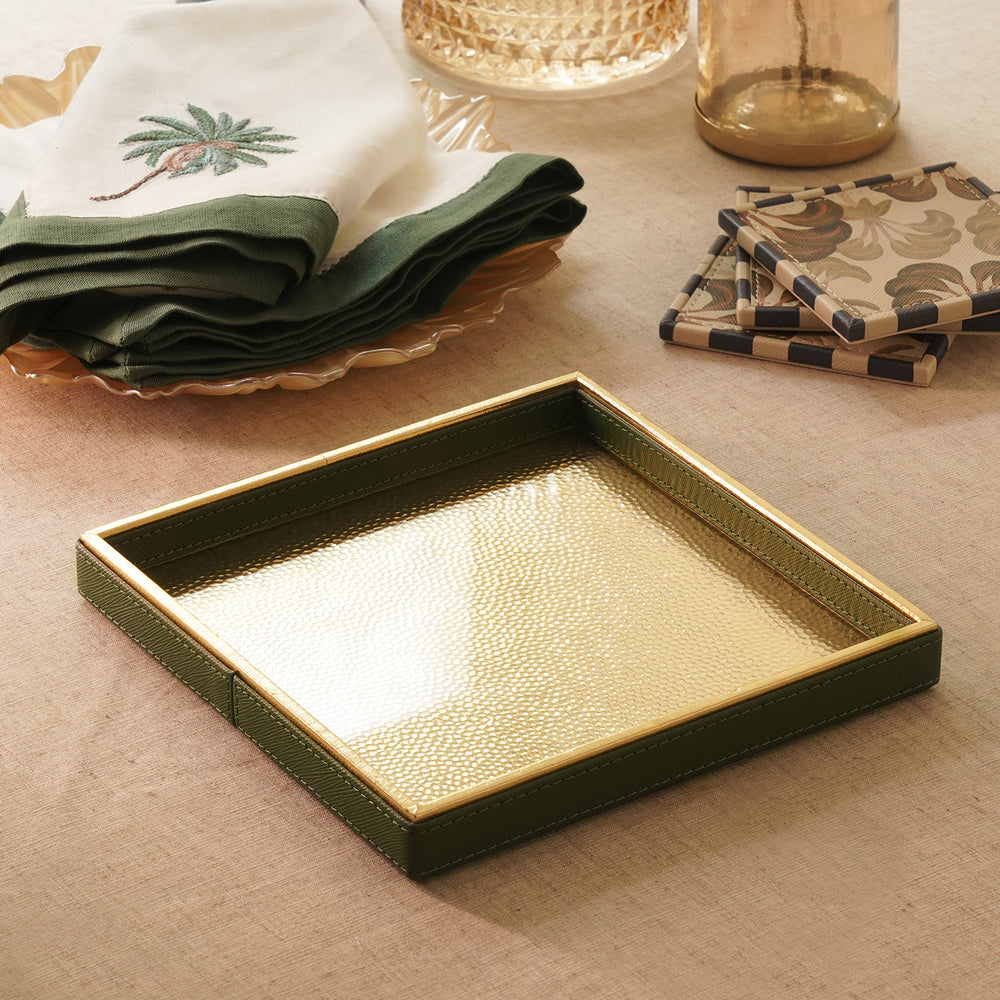 Dark Green and Gold Hammered Faux Leather Square Platter - Small