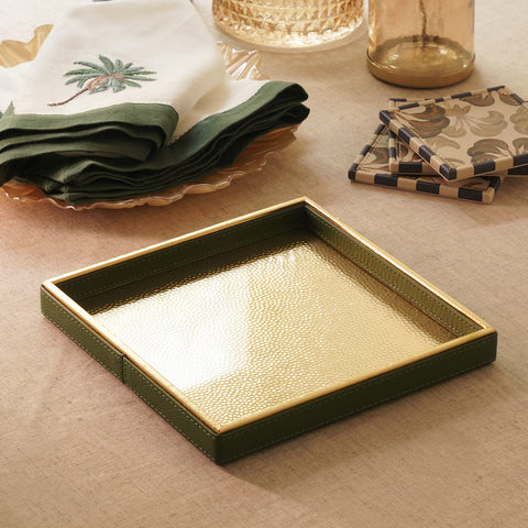 Dark Green and Gold Hammered Faux Leather Square Platter - Small