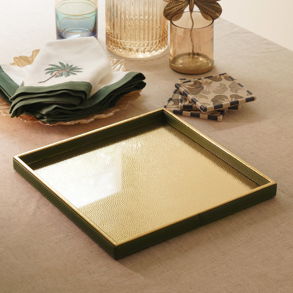 Dark Green and Gold Hammered Faux Leather Square Platter - Large
