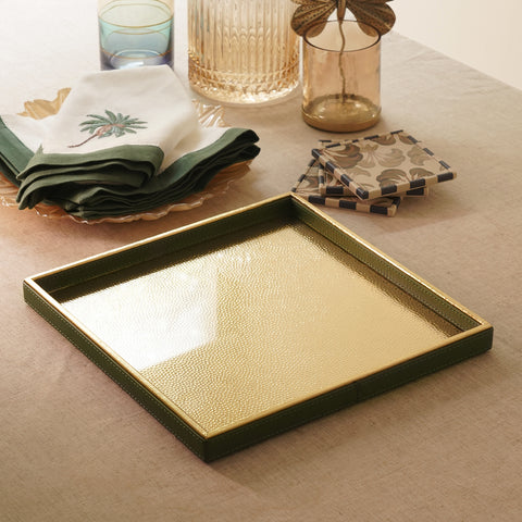 Dark Green and Gold Hammered Faux Leather Square Platter - Large