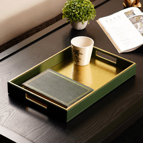 Dark Green Faux Leather Rectangle Tray