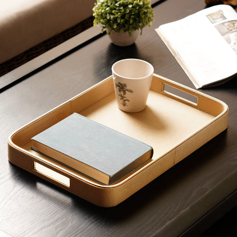 Gold Faux Leather Round Edge Rectangular Tray