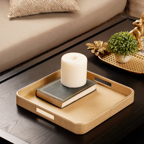Gold Faux Leather Round Edge Square Tray