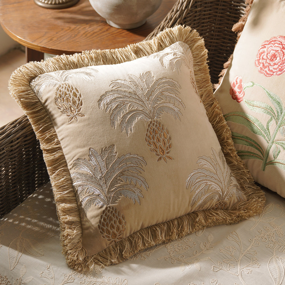 Beige Ananas Embroidered Cushion Cover