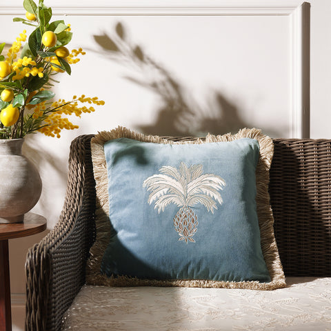 Blue Ananas Embroidered Cushion Cover