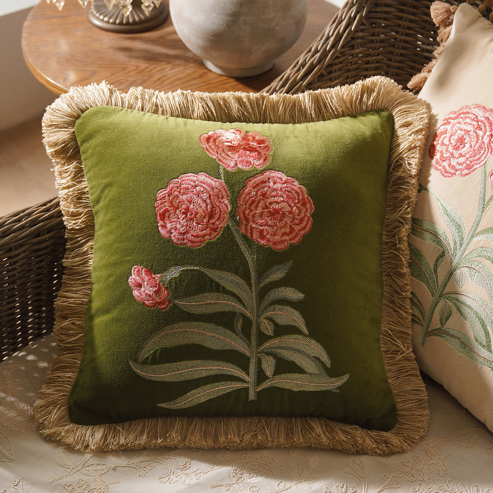 Green Rose Embroidered Cushion Cover