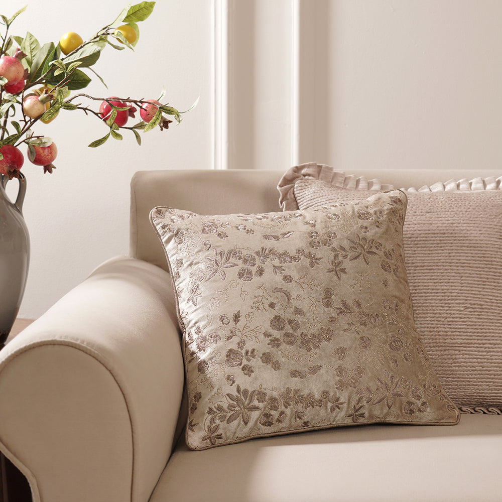 Cream Embroidered Velvet Square Cushion Cover