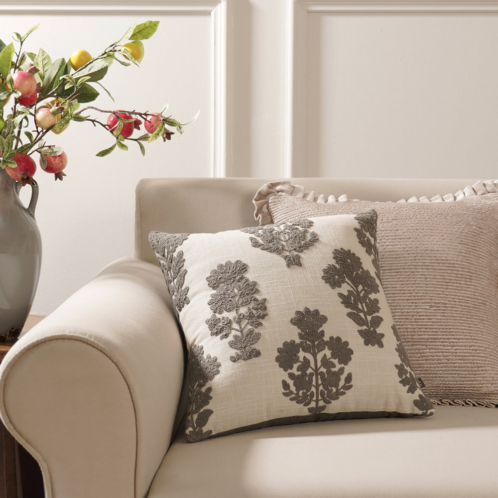 Cream Grey Embroidered Square Cushion Cover