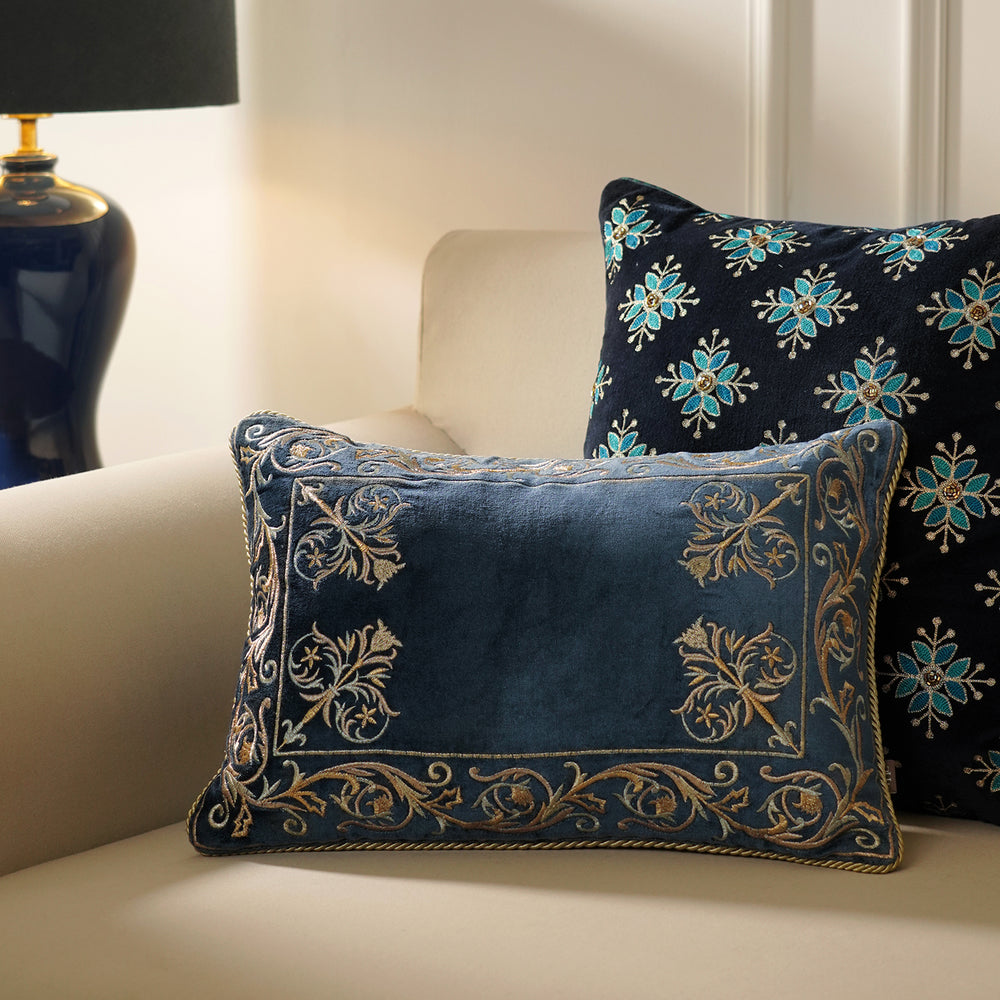 Navy Gold Embroidered Velvet Rectangle Cushion Cover