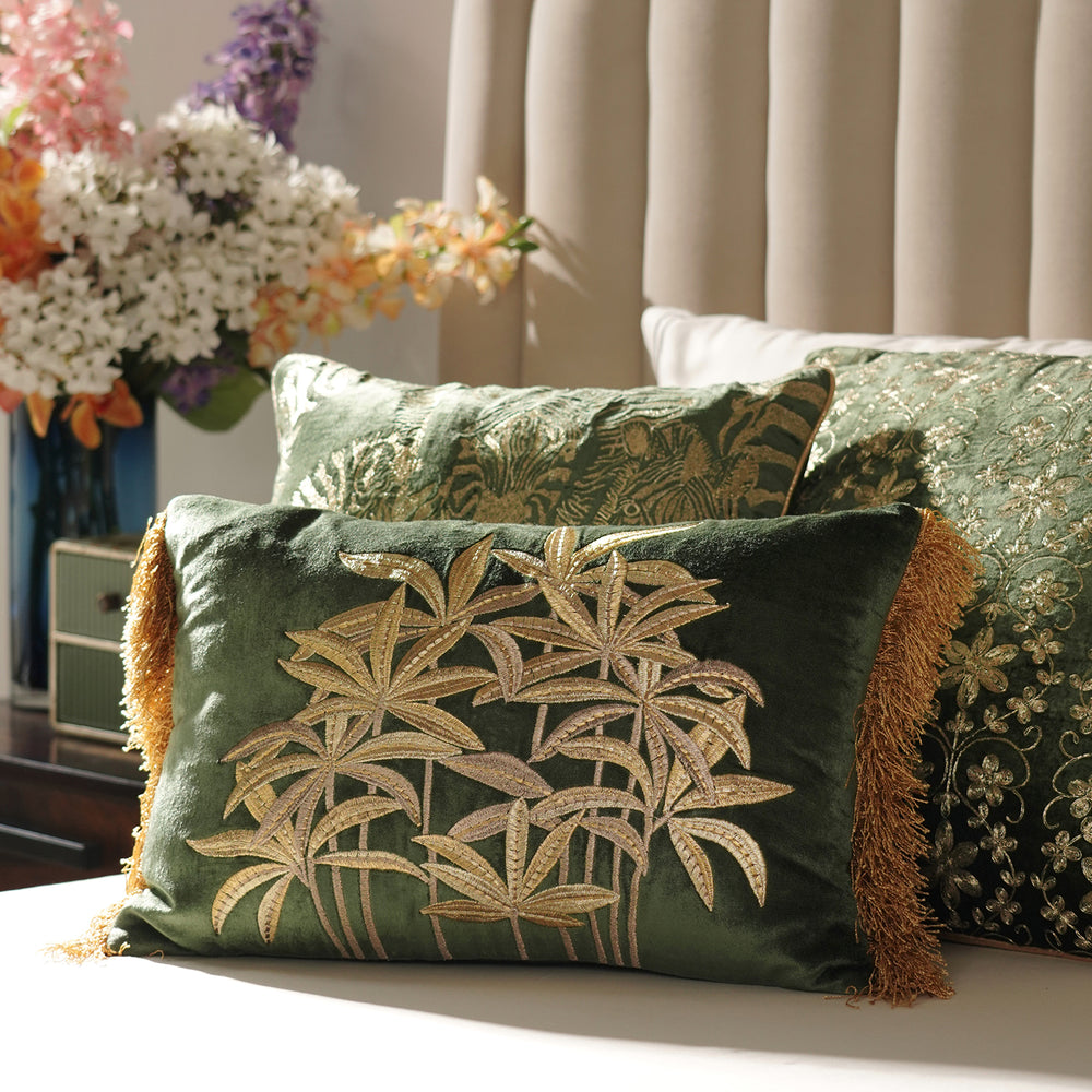 Green Gold Palm Embroidered Velvet Cushion Cover