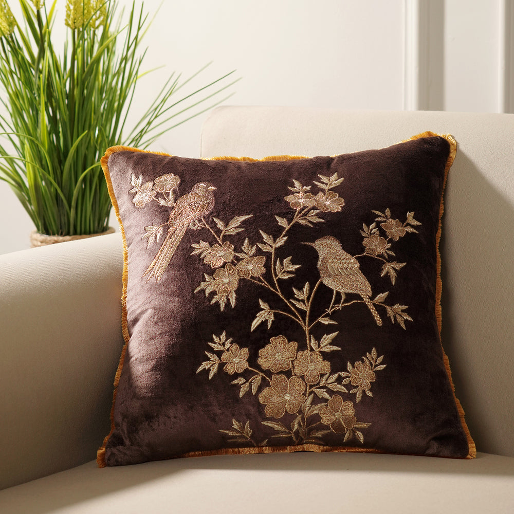 Purple Gold Embroidered Velvet Square Cushion Cover