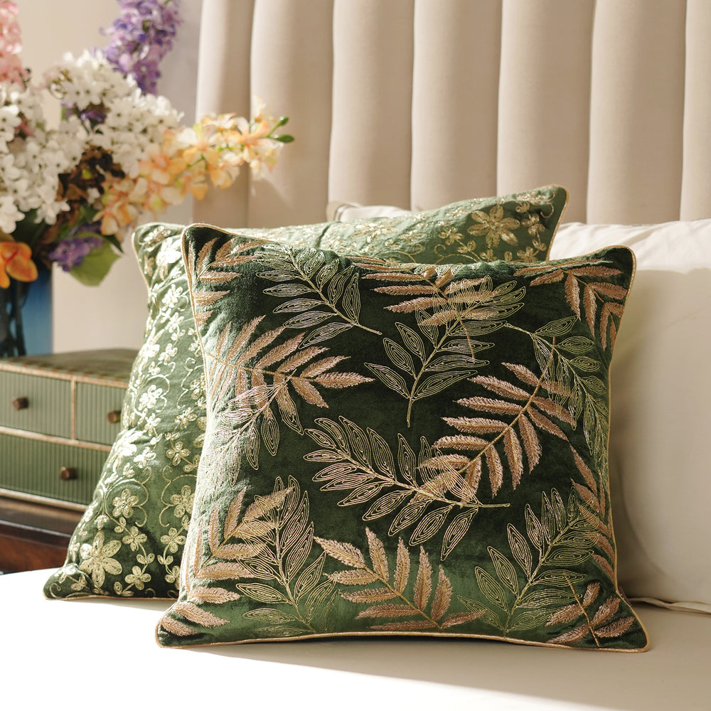 Green Gold Embroidered Velvet Square Cushion Cover