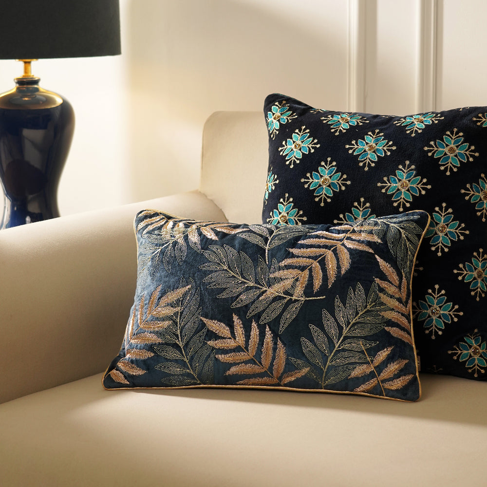 Navy Embroidered Velvet Rectangle Cushion Cover