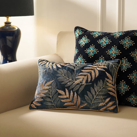 Navy Embroidered Velvet Rectangle Cushion Cover