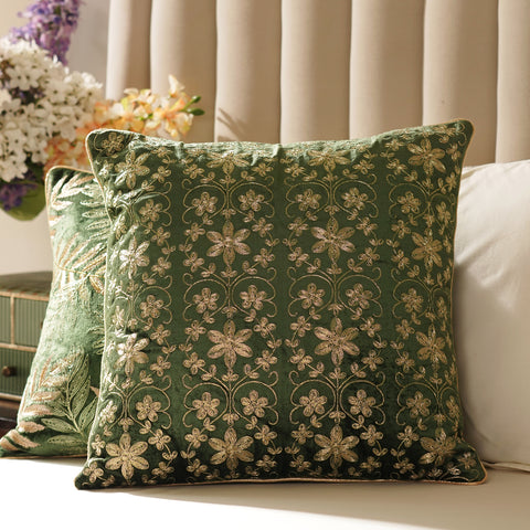 Green Gold Embroidered Square Cushion Cover