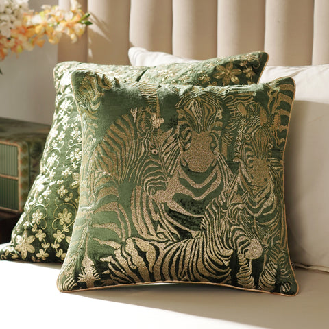 Green Zebra Motif Velvet Square Cushion Cover