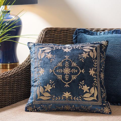 Navy Gold Embroidered Velvet Square Cushion Cover
