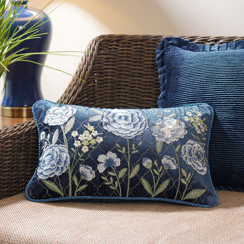 Navy Floral Embroidered Rectangle Cushion Cover