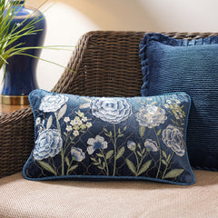Navy Floral Embroidered Rectangle Cushion Cover