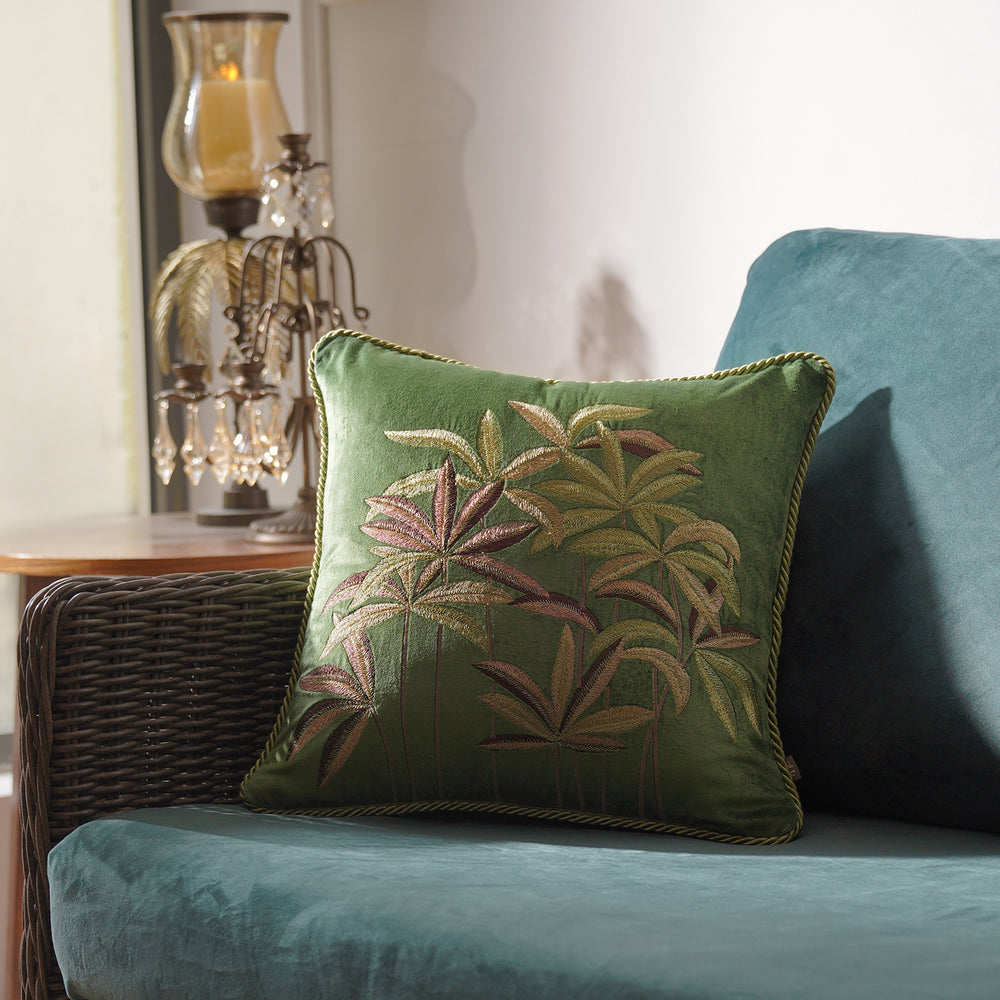 Green Leaf Embroidered Cushion Cover