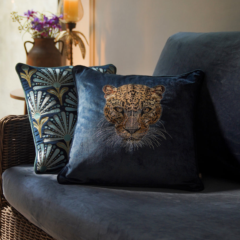 Blue Leopard Embroidered Cushion Cover