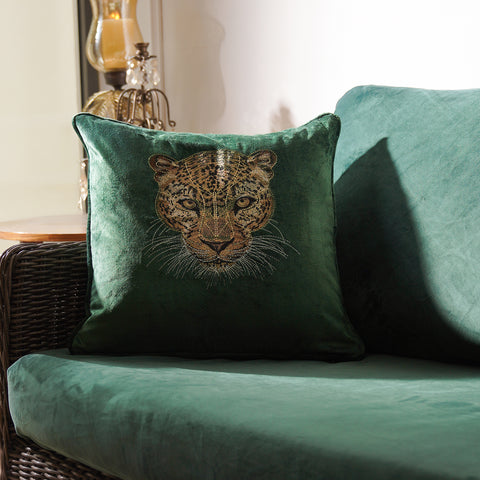 Green Leopard Embroidered Cushion Cover