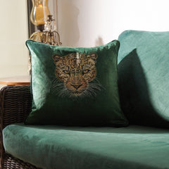 Green Leopard Embroidered Cushion Cover