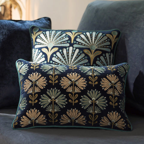 Blue Floral Embroidered Cushion Cover