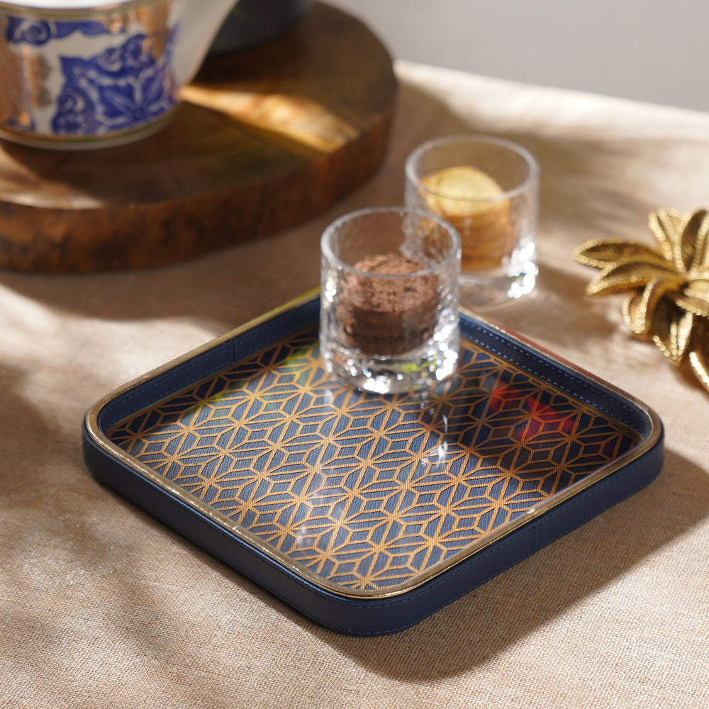 Blue Printed Glass Faux Leather Platter - Small