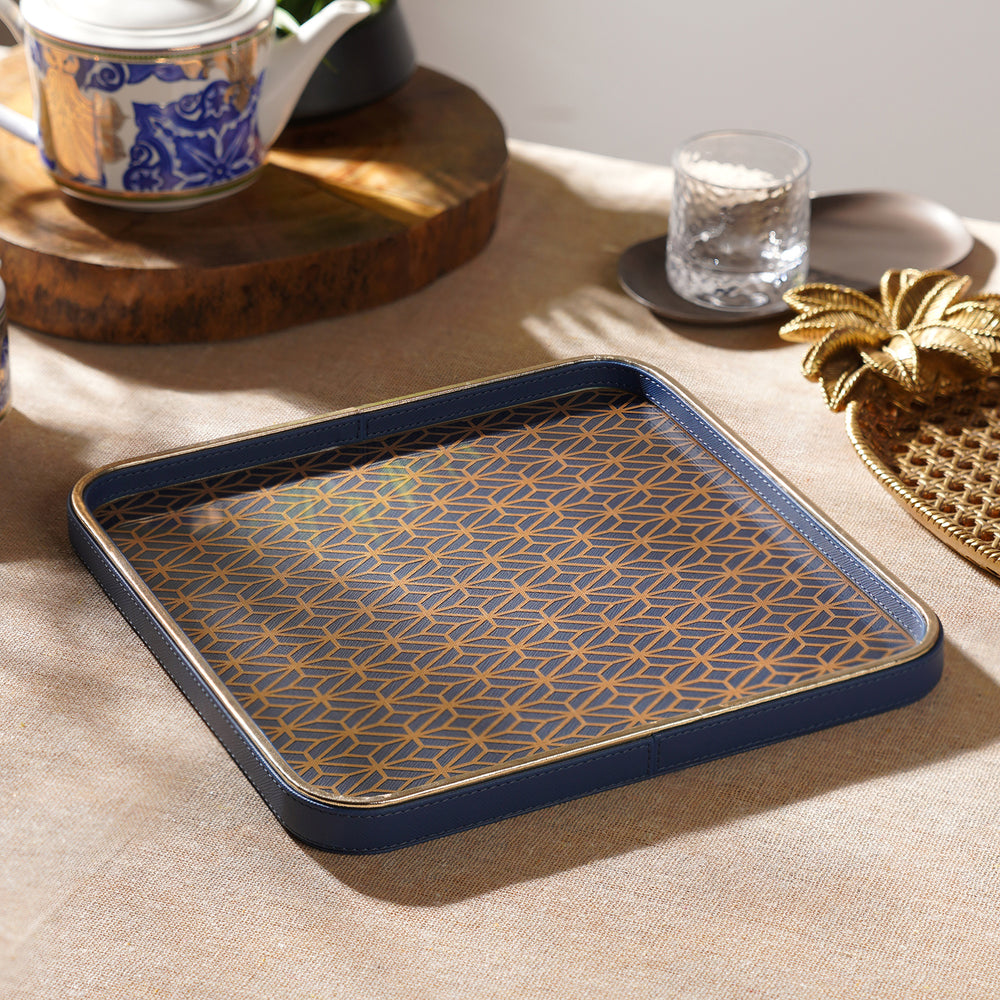 Blue Printed Glass Faux Leather Platter - Large